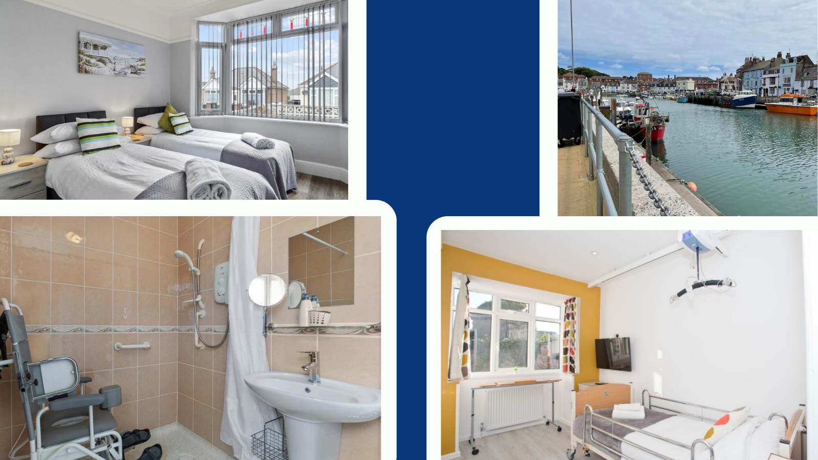 Four photos of Elevated Holiday Homes. The top left image is of a bedroom with two twin beds. The bottom left image is of an accessible bathroom, with a fully accessible shower. The top right image is of Weymouth Harbour. The bottom right image is of a bedroom with a hoist and profiling bed. 