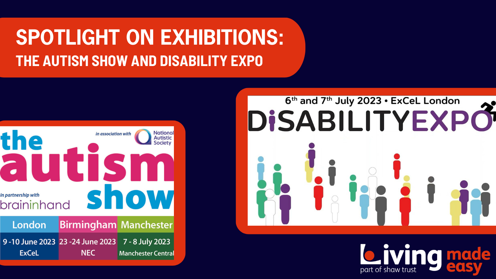 A banner image with two logos for the Autism Show and Disability Expo. The banner image reads Spotlight on Exhibitions: The Autism Show and Disability Expo