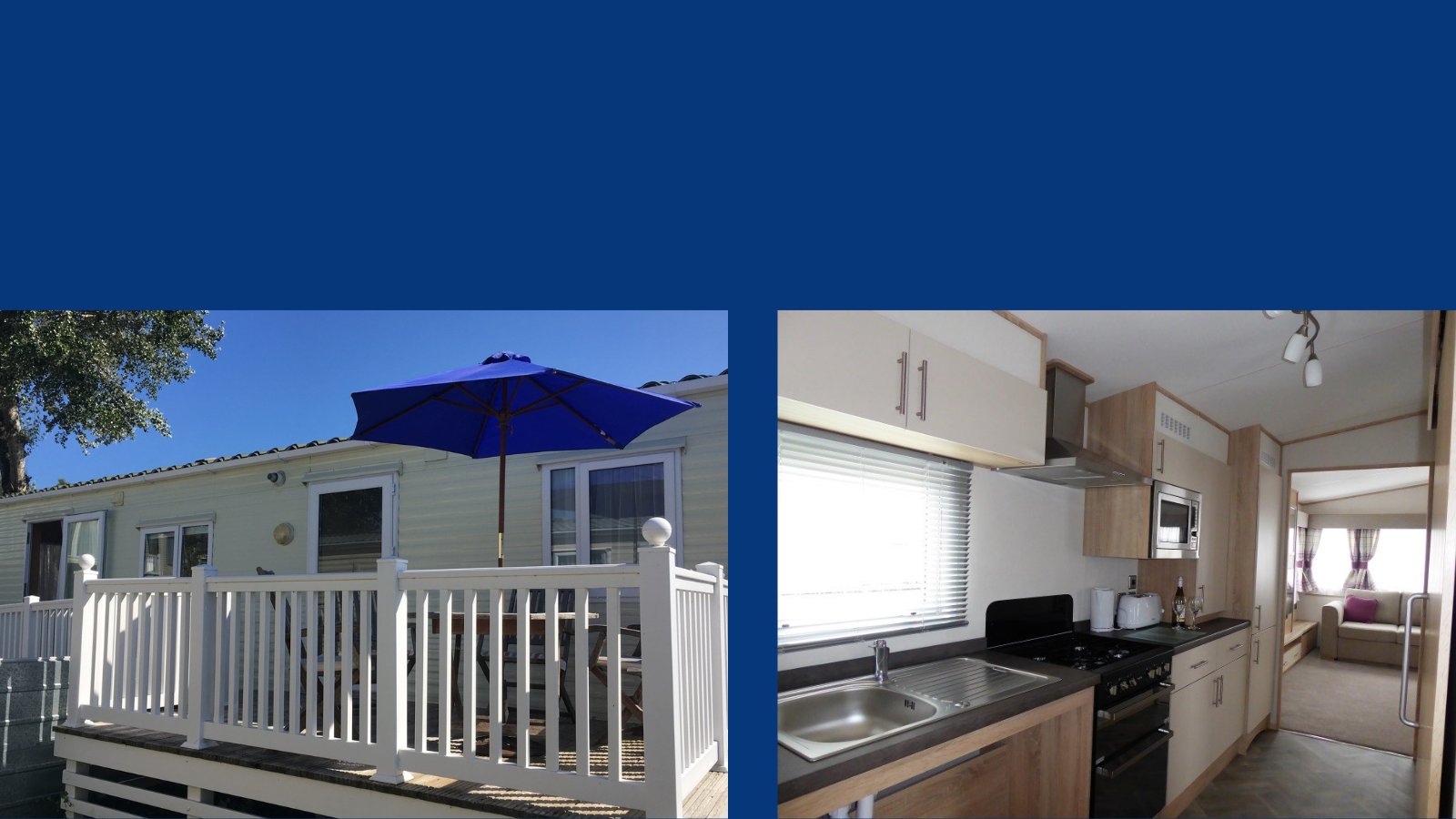 The left-hand image is of the outside of the Phab holiday home, which is a static caravan, it has a decking area and seats with a parasol. The right-hand image is of the kitchen area inside of the holiday home.