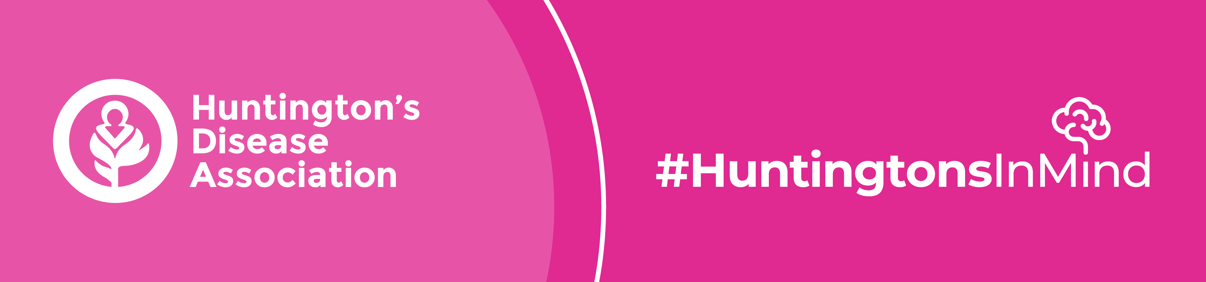 Pink and white graphic showing the HDA logo and the hash tag HuntingtonsInMind