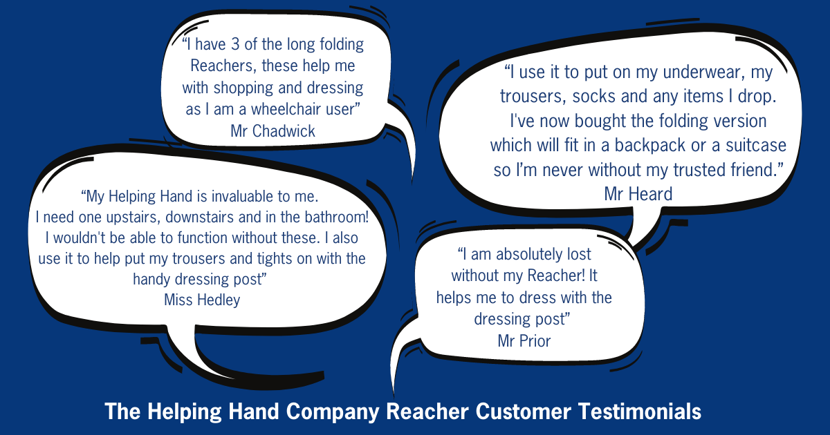 The Helping Hand Company 4 customer testimonials in speech bubbles. Words as per text earlier in this article.