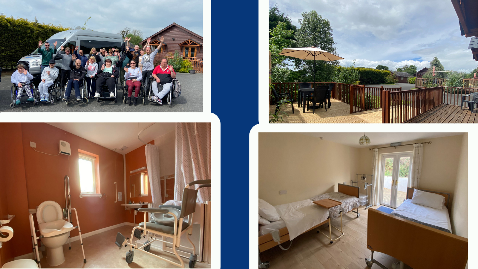 Four images of Tudor Lodges. Top right image is of a group of wheelchair users waving for a photo in front of the lodge. The bottom left image is of an accessible bathroom. The top left image is of the brown wooden decking and seating area on the outside of the lodge. The bottom right image is of a bedroom with two profiling beds. 