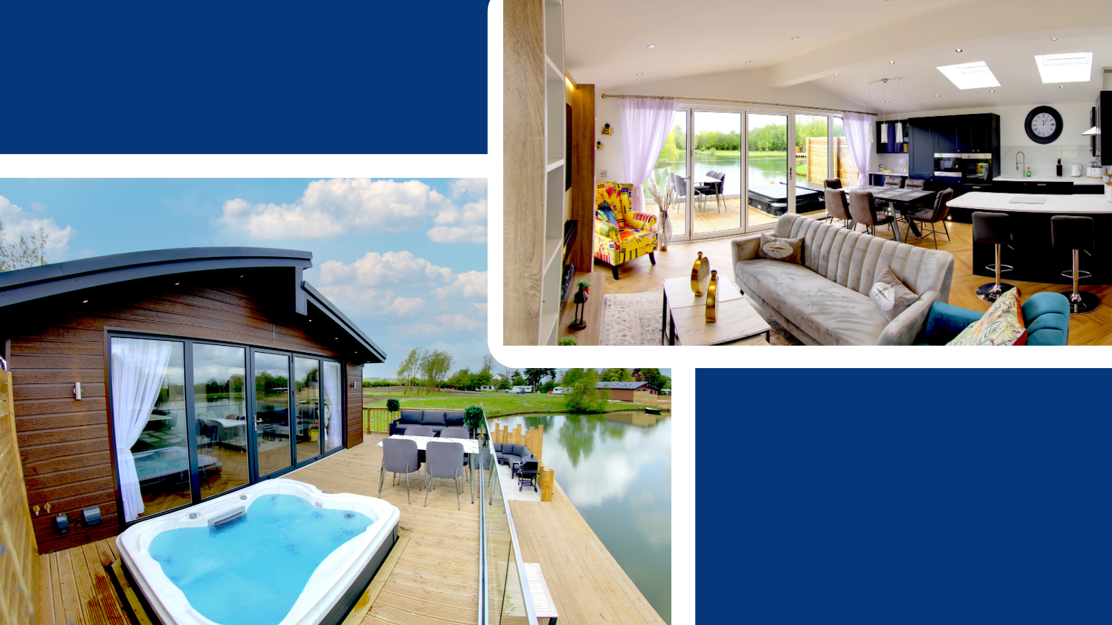Two images of Noah's Retreat. The image on the left is of the lodge's outdoor dining area and hot-tub. The image on the left is of the lodge's modern kitchen and living area with bi-folding doors looking out onto the lake.