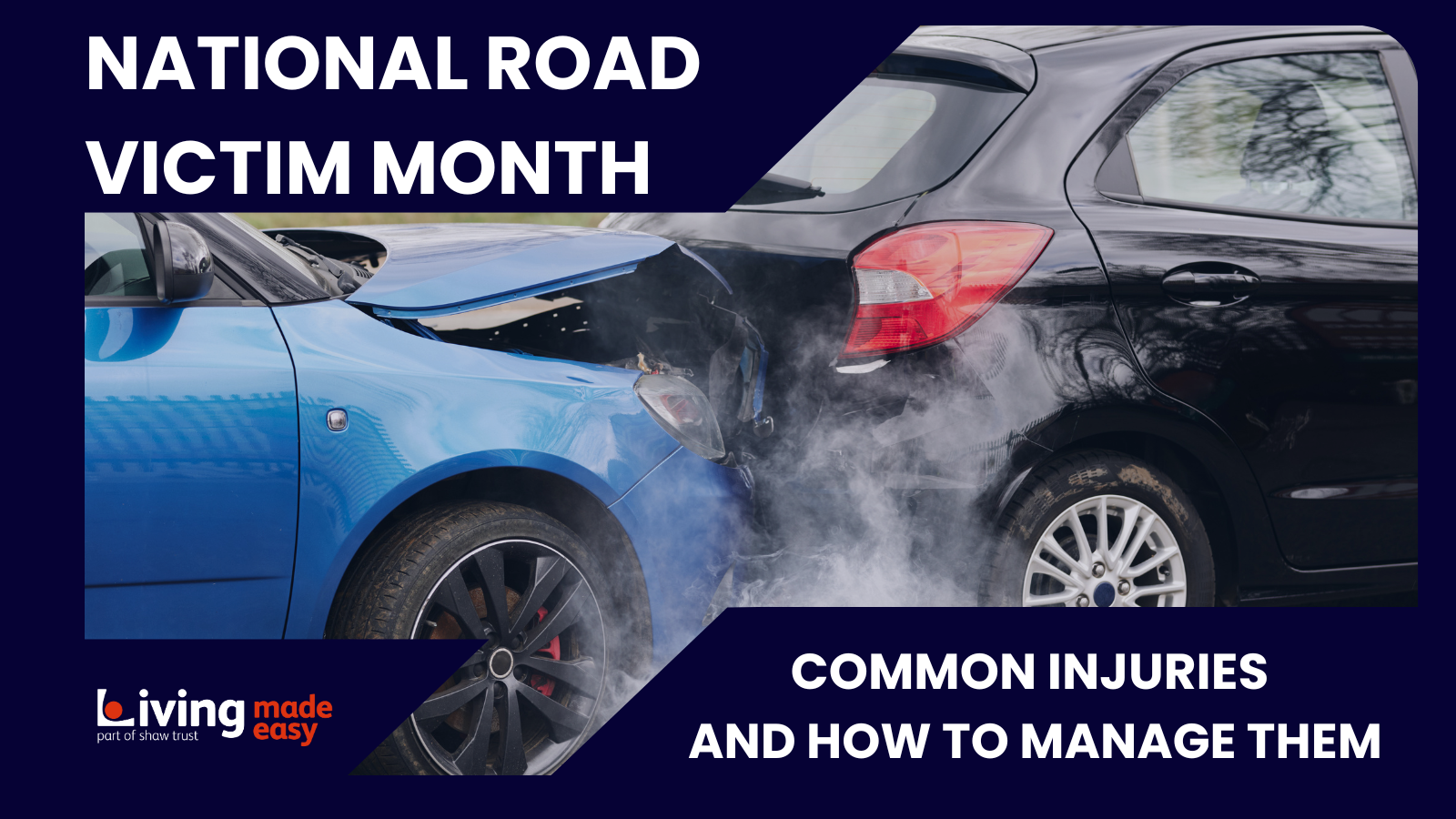 A banner image that reads National Road Victim Month, common injuries and how to manage them. The banner contains an image of a blue car which has crashed into the rear end of a black car, there is smoke coming from the cars.