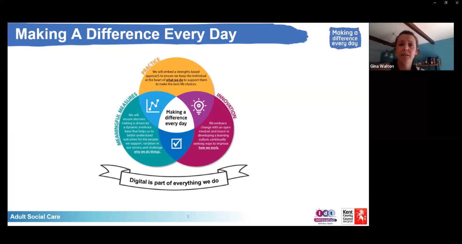 A slide from the presentation with a vendiagram titled “making a difference every day”