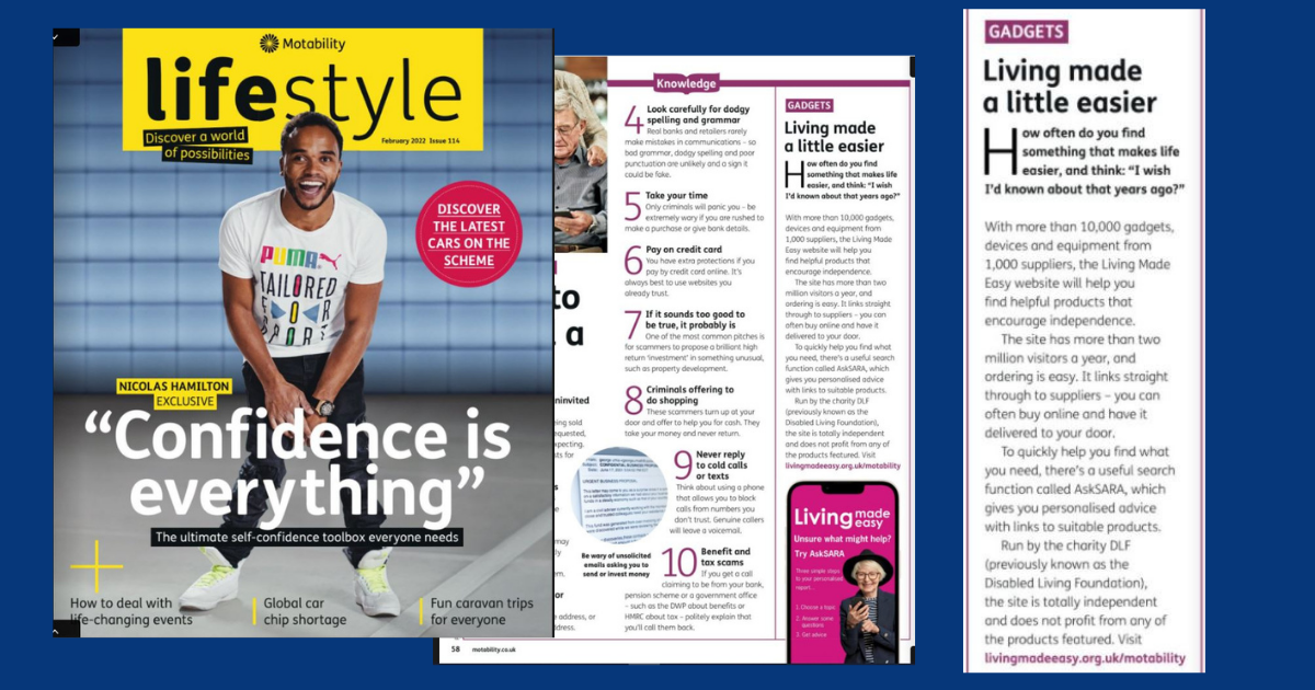 Images of the February 2022 Motability Lifestyle front cover, page 58 and an enlarged image of the copy for the Living Made Easy and AskSARA article.