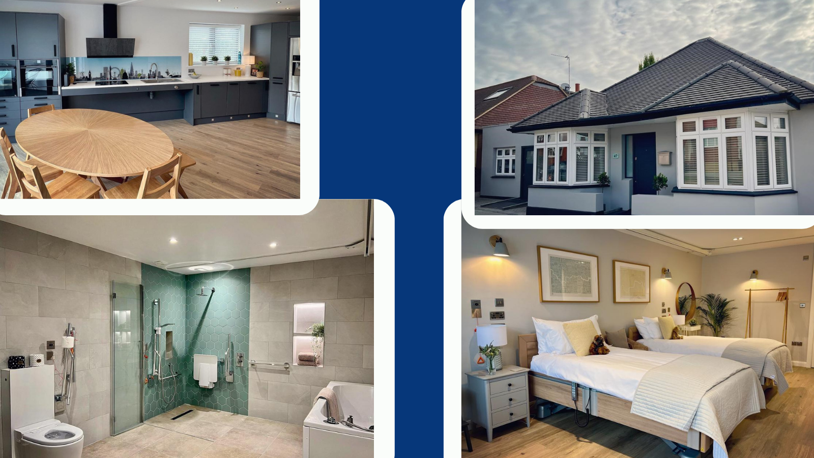 Four photos from AbleStay. The top left image is of the kitchen, which has lower worktops. The bottom left image is of a fully accessible bathroom and wetroom. The top right image is AbleStay's bungalow which is detached and modern. The bottom right image is of a bedroom with twin profiling beds. 