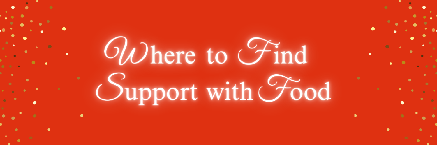 A red banner with the words, Where to Find Support with Food. There is gold glitter down each side of the banner image.