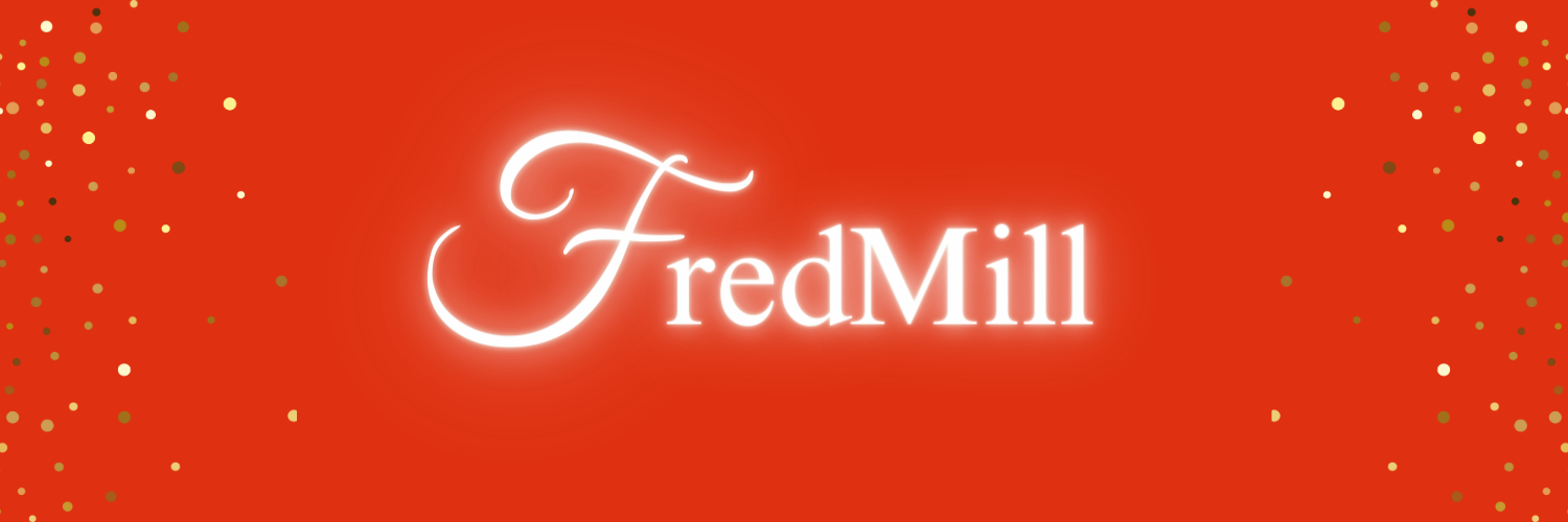 A red header image which says Fred Mill. There is gold glitter down each side of the header. 