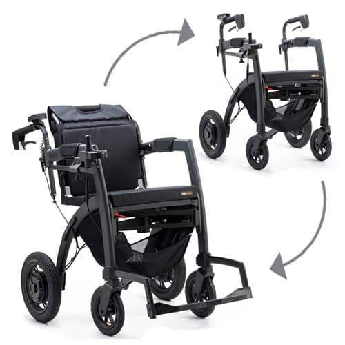 Within the image is two pictures, one where the Rollz Motion Electric is positioned as an electric wheelchair, and the second image shows how the backrest can be folded to the seat so that it can become a rollator.