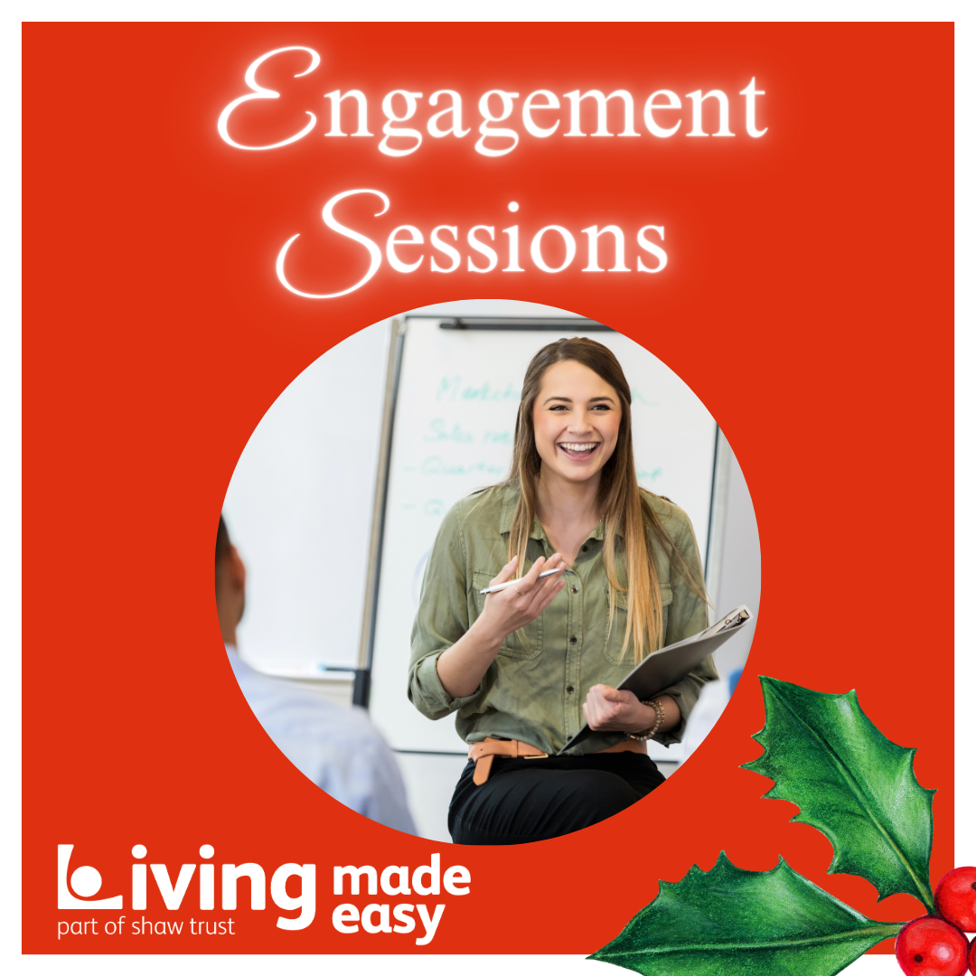 Door number 18 reveals an image of a woman who has long hair and is wearing a green shirt, with a notebook and pen in hand, smiling and speaking to a group of people sat in front of her. Above the image are the words, Engagement Sessions.