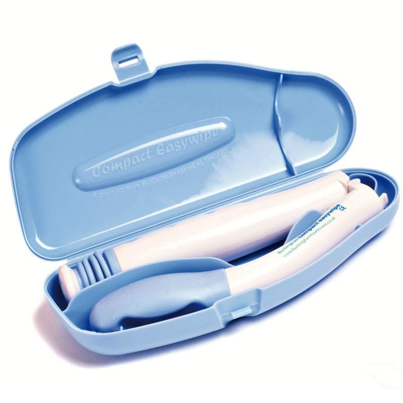 A blue and white portable bottom wiper in a blue case.