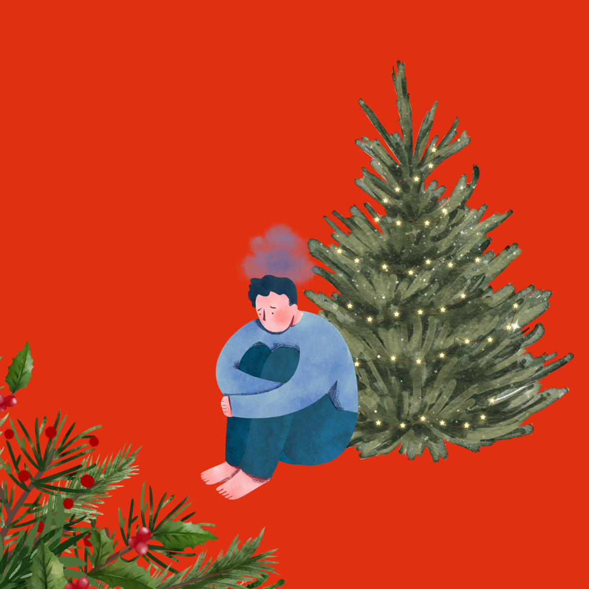 A graphic cartoon image of a person in a blue jumper, looking sad and hugging their knees, sat by a Christmas tree. Over their head is a small grey cloud.