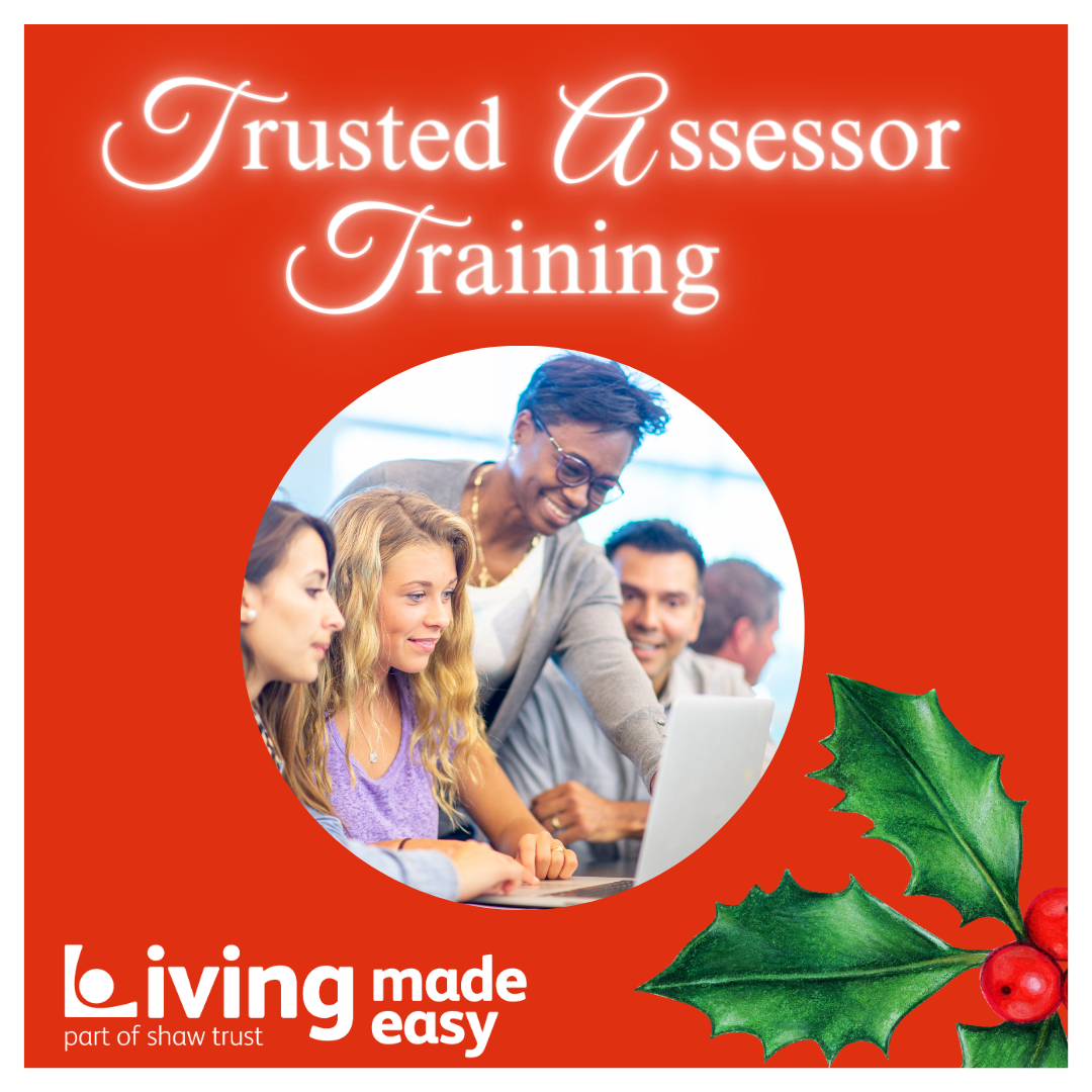 Door number 8 reveals an image on a red background of a woman with glasses, leaning over the shoulders of a group of people sat around a laptop. There are the words Trusted Assessor Training. There are holly and berries in the right bottom corner of the image.