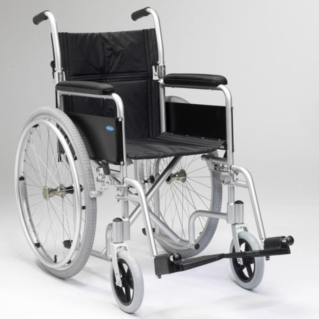 An image of a silver aluminium self-propelled wheelchair. The seating part is made from a black material. 