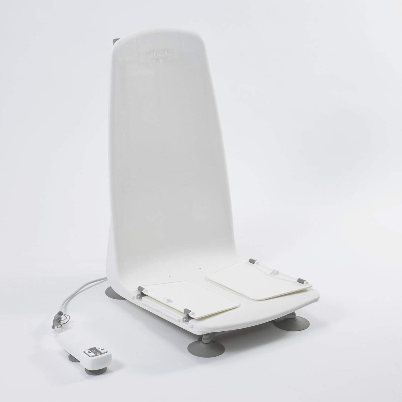 A image of a white plastic bath lift seat, with suction pads on the legs. It has a remote control attached to it so it can mechanically lift and lower from the bath.