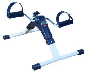 An image of a pedal exerciser with a digital display. It has two metal arms used to stable it whilst on the floor or hard-surface, on each side are handles which can be pushed around with the foot or arms.