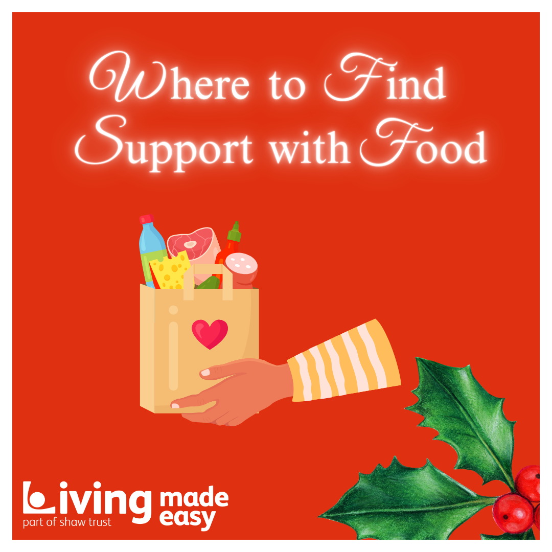 Window 24 reveals the words Where to find support with food. There is a graphic of a hand holding a brown paper bag, which is full of groceries. There is holly and berries in the bottom right hand corner.