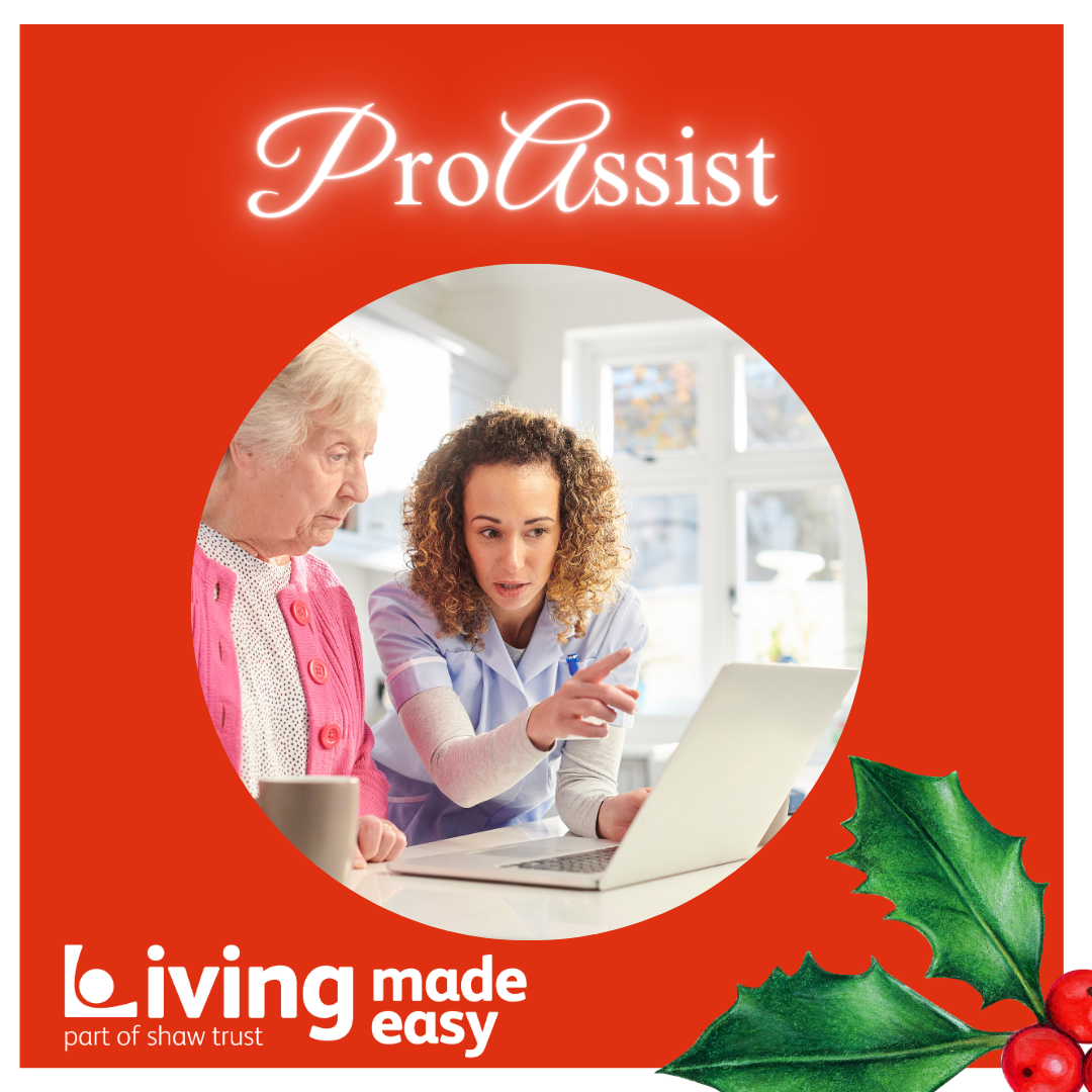 Window number 15 reveals an image of a lady in a blue tunic, pointing at a laptop screen, with an elderly woman in a pink cardigan standing next to her, also looking at the screen. There is the word ProAssist above the image. In the right bottom corner are holly and berries.