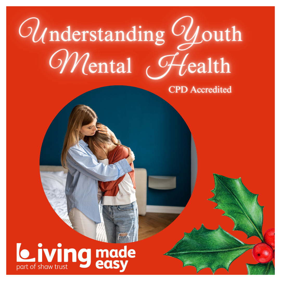 Door number 16 reveals the words Understanding Youth Mental Health. There is an image of a woman holding a teenager, who has their head in their hands. To the right of the image is holly and berries.