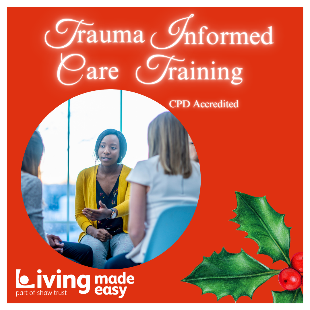 Door number 2 of the advent reveals a picture of a lady in a yellow cardigan, sat down on a chair and is speaking to a group. Above her it says 'Trauma Informed Care Training. CPD Accredited.