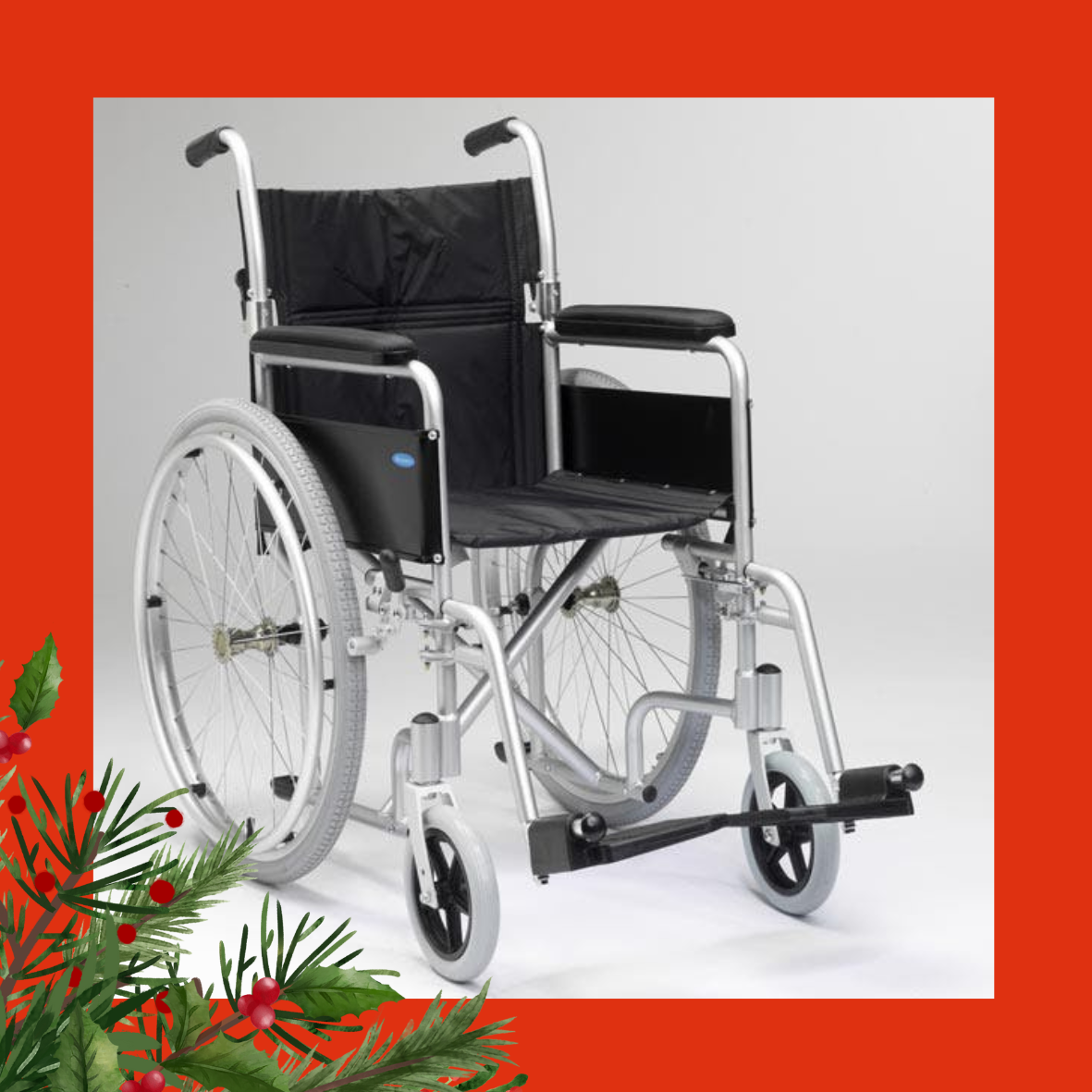 An image of a self-propelling wheelchair on a red background. There are holly and berries in the left hand corner.