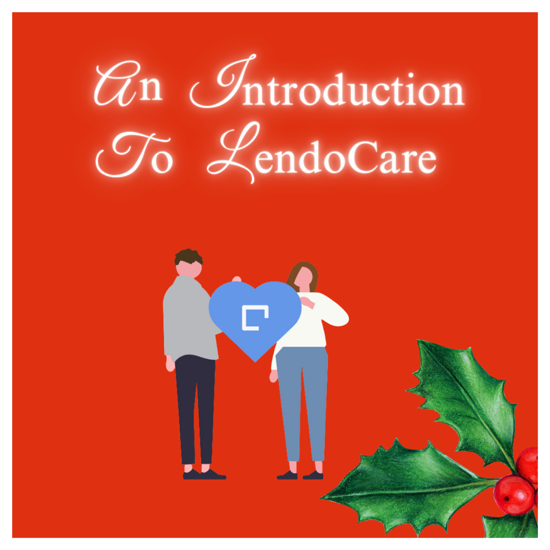 Door number 20 reveals the words, An Introduction to LendoCare. There is a graphic of a cartoon man and a cartoon woman holding a blue heart with the LendoCare logo. There is holly and berries in the right-hand corner. 