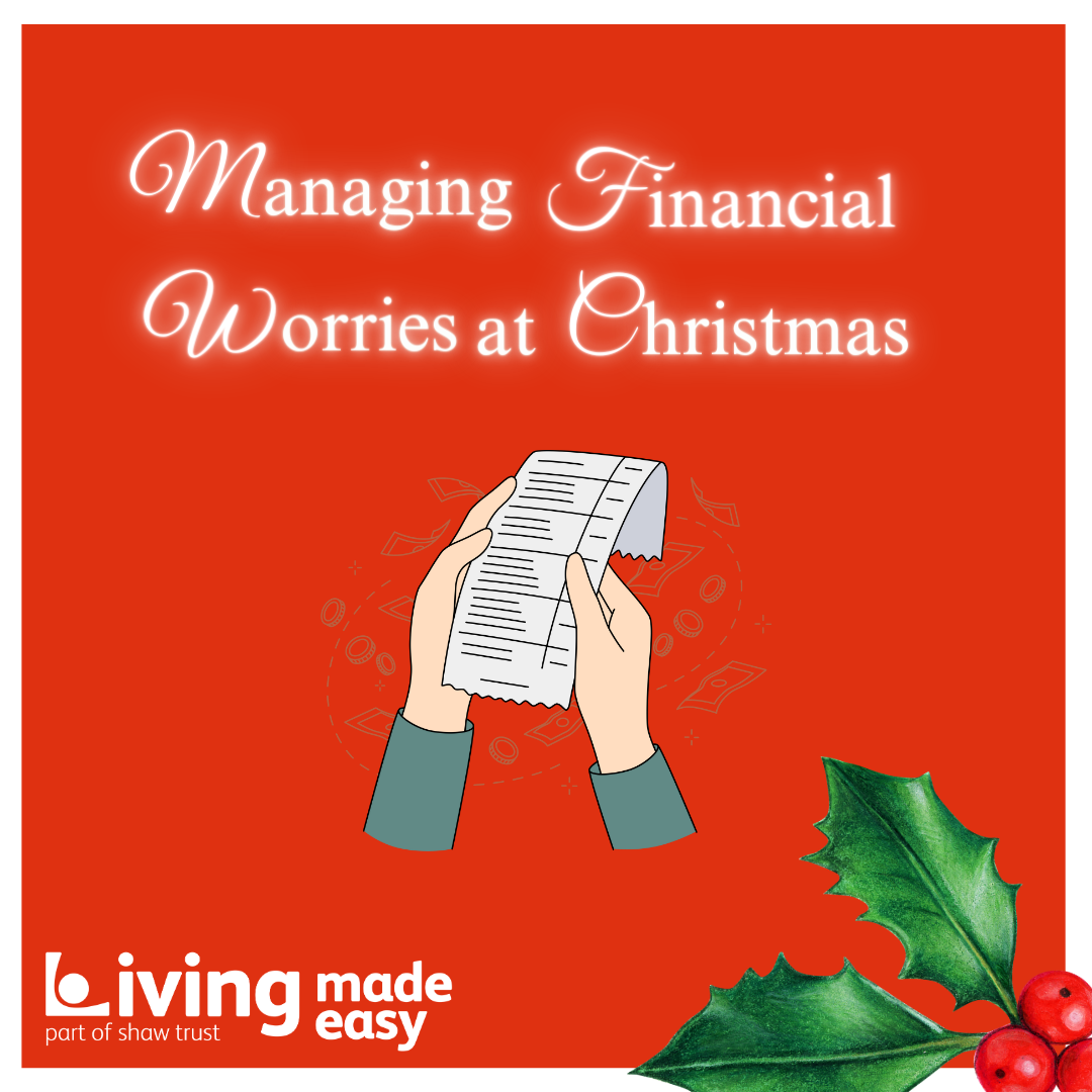Door number 23 reveals the words, Managing Financial Worries at Christmas. There is a graphic of two hands holding a receipt or bill. There are holly and berries in the right hand corner.