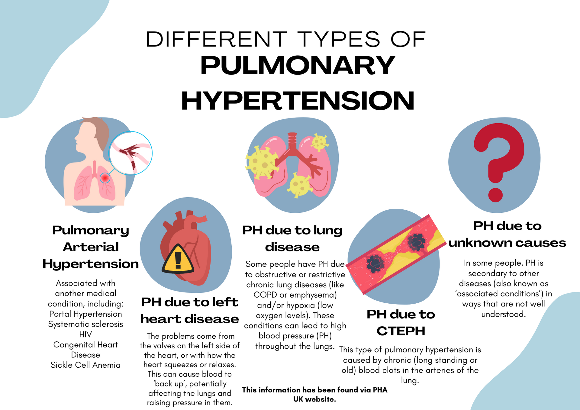 An infographic detailing the different types of Pulmonary Hypertension.