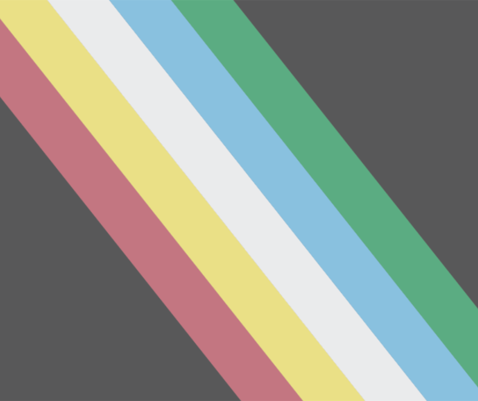 An image of the disability pride flag. There are five diagonal stripes on a black background, from the top left corner to the bottom right. From the bottom up the stripes are red, gold, white, blue and green.