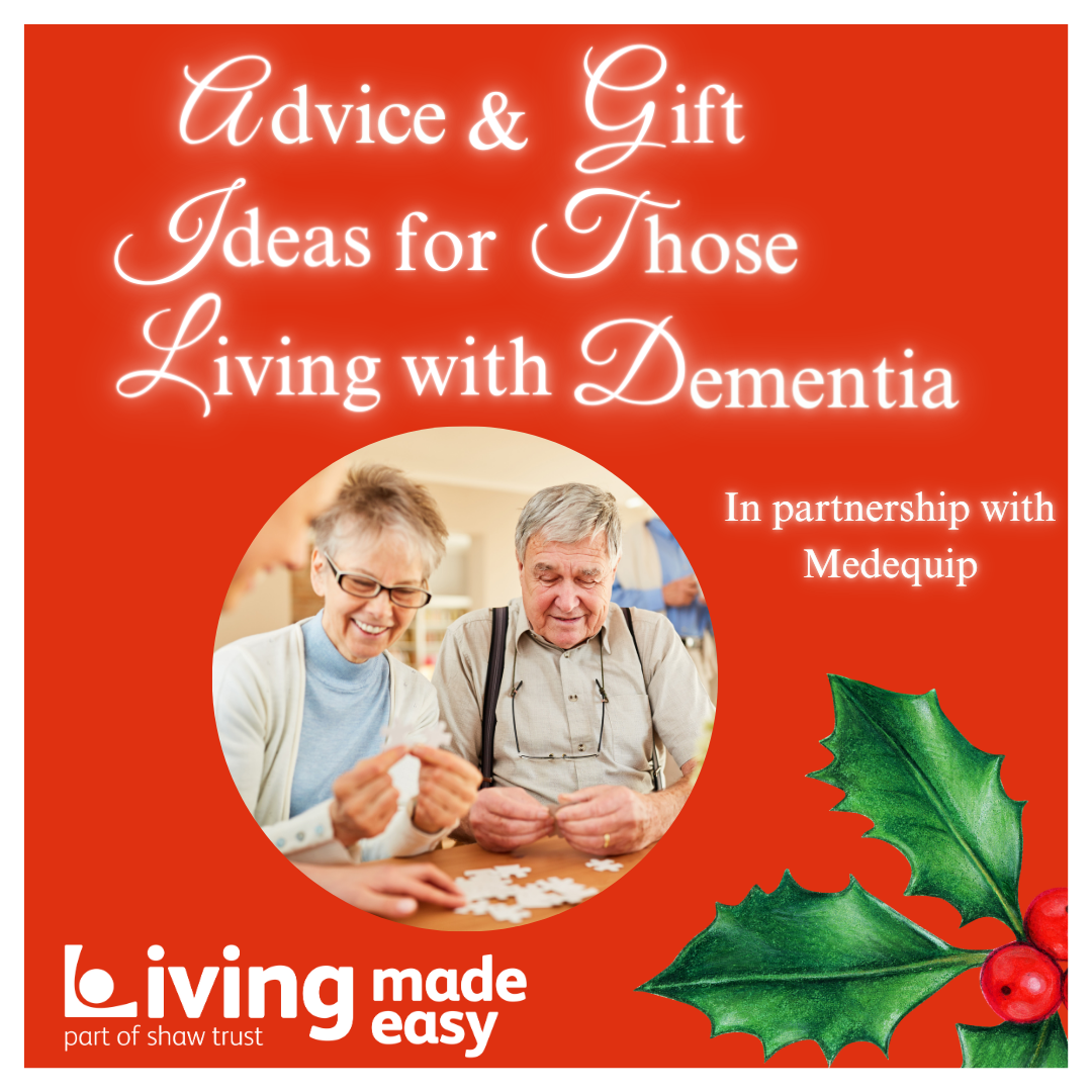 Window number 17 reveals the words, Advice and Gift Ideas for those Living with Dementia, in partnership with Medequip. There is an image of two elderly people, a woman who is wearing glasses and smiling whilst holding a jigsaw piece in her hand, and a man who is also inspecting a jigsaw piece. 