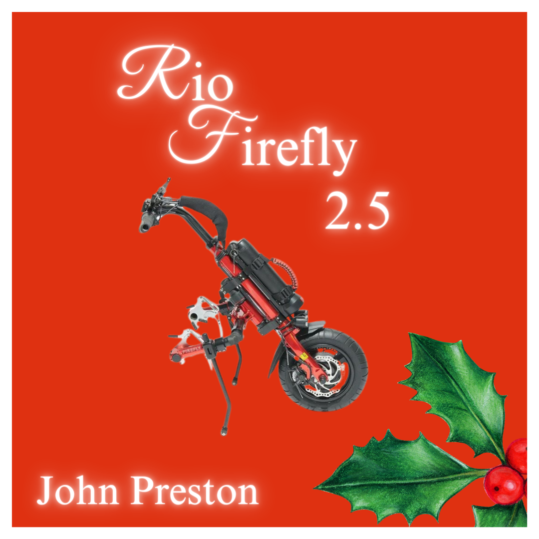 Door number 10 reveals the words Rio Firefly 2.5, with a image of the Rio power wheelchair attachment. There are the words John Preston along the bottom of the image, and there is holly and red berries in the right hand corner.