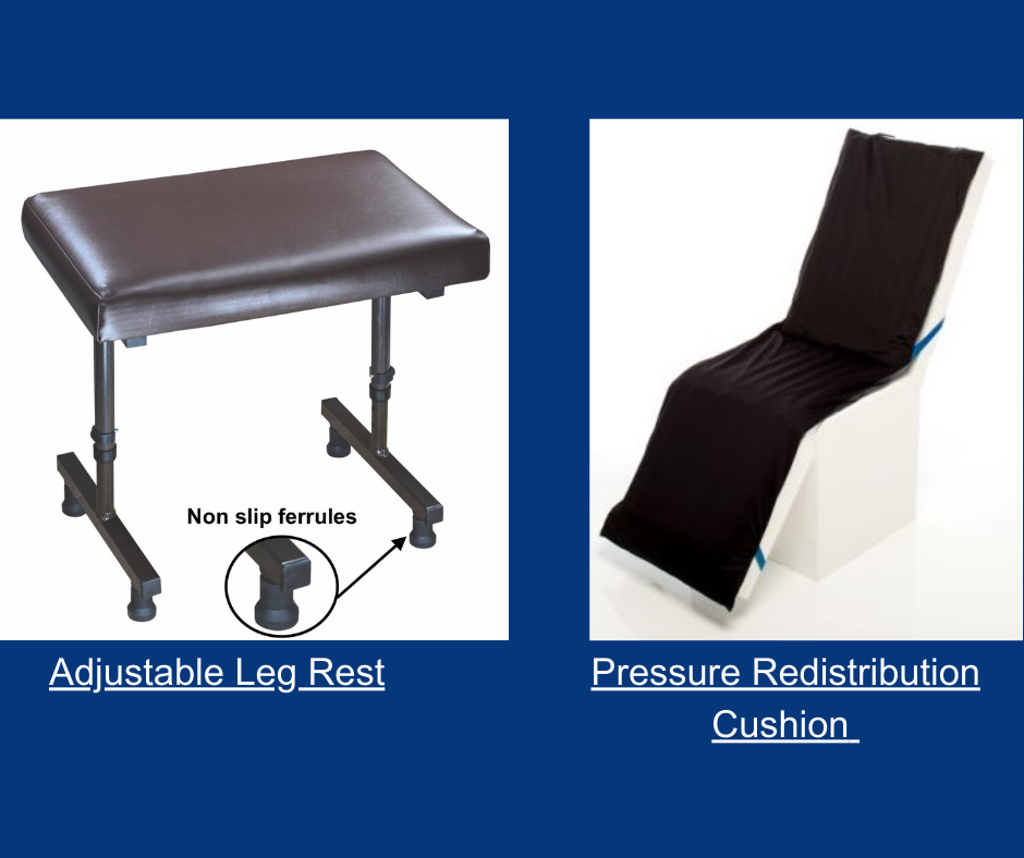 The image on the left-hand side is of an adjustable leg rest, which has metal legs and non-slip feet on each leg. The image on the right-hand side is of a full-body pressure redistribution cushion. 