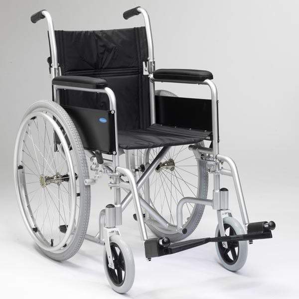An image of a self-propelling aluminium wheelchair. The seat and back rest is black and it has sliver wheels.