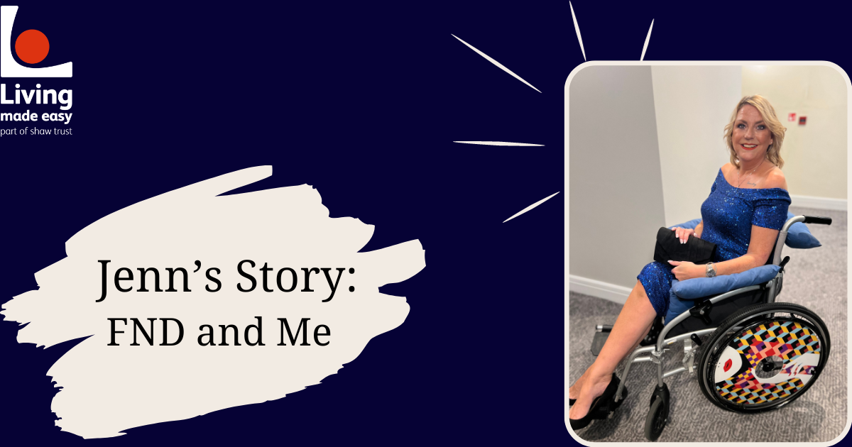 A banner image which reads 'Jenn's Story FND and Me.' picture of Jenn, who is a lady with blonde hair and is sat in a wheelchair wearing a sparkly blue dress. Her wheelchair has her designer spoke covers on from Izzy Wheels.