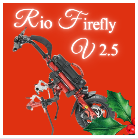 An image on a red background of the Rio Firefly V2.5 power wheelchair attachment. There is holly and berries in the bottom right corner of the image.
