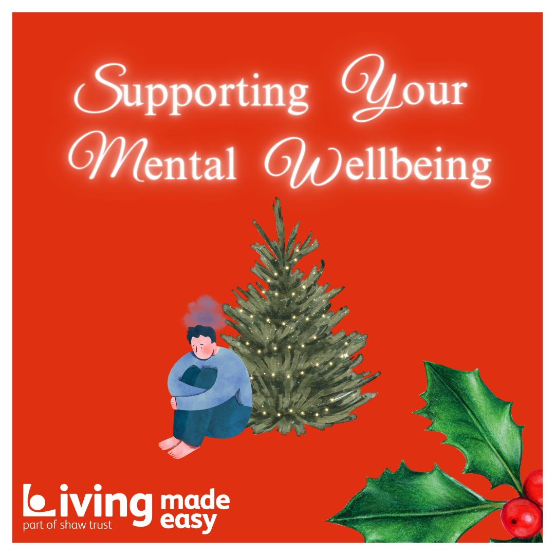 Window 21 reveals the words, Supporting Your Mental Wellbeing. A graphic cartoon image of a person in a blue jumper, looking sad and hugging their knees, sat by a Christmas tree. Over their head is a small grey cloud.