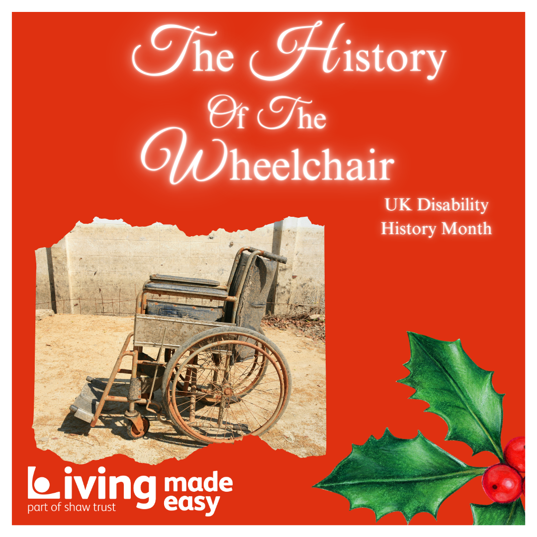 Door number 11 reveals the words The History of The Wheelchair, UK Disability History Month. There is an image of an old rusty wheelchair and there is holly and red berries in the right bottom corner. 