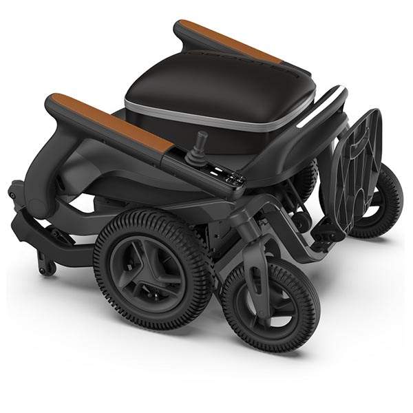 An image of the Light Electric Wheelchair folded into the compact travel position.