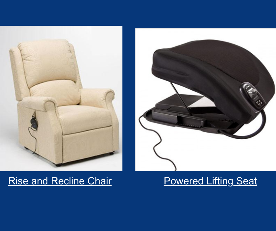 The image on the left-hand side is of a cream material arm chair, it has a motorised control clipped to the side. The image on the right-hand side shows a black motorised seat, which also has a hand control attached.