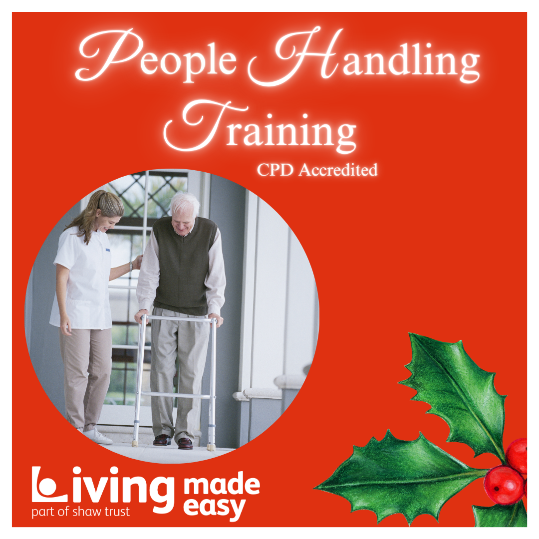 Door number 5 of the advent reveals a picture of a professional,w ho is a woman wearing a white tunic, helping an elderly gentleman to use a walking frame. Above the image says, People Handling Training. CPD Accredited. There are holly leaves and red berries in the right hand corner of the image.