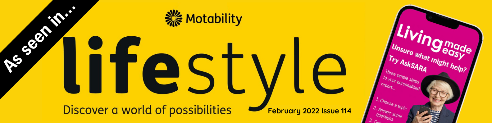 Motability Lifestyle Magazine masthead with mobile phone app representation of AskSARA