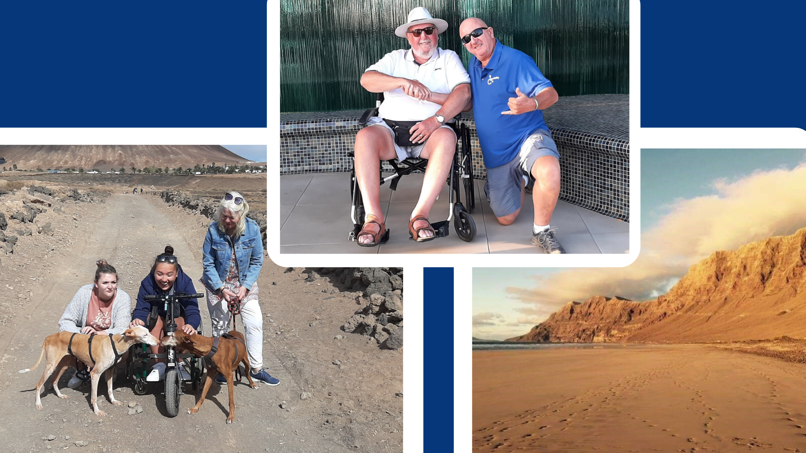 Three pictures from LanzAbility. The top centre image is of the owner David with a customer who is a wheelchair user. The bottom left image is of three women who are on an excursion, one is using an adapted scooter. The bottom right image is of the Lanzarote scenery and mountains. 