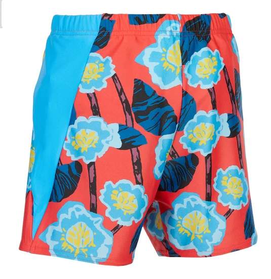 Kes-Vir boys' incontinence swim shorties with coral floral panels and a turquoise side panel