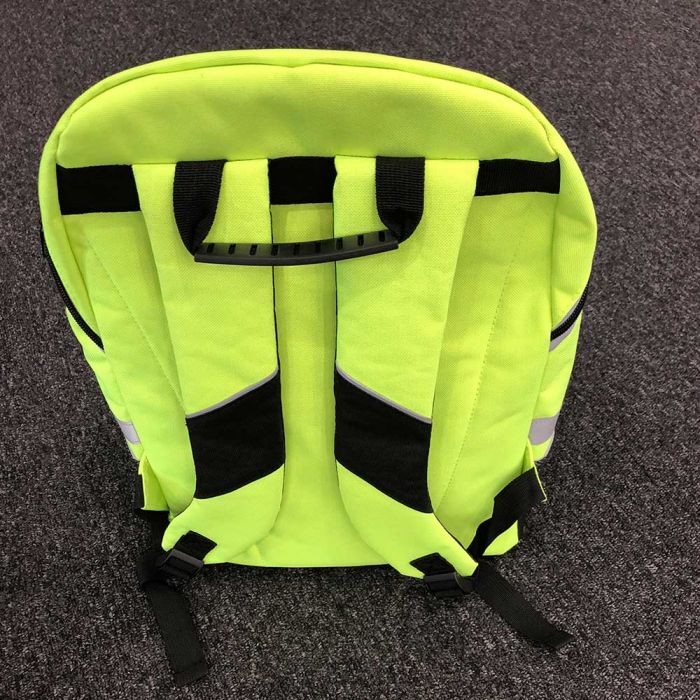 Luminous Yellow rucksack rear view with reflective bands showing straps