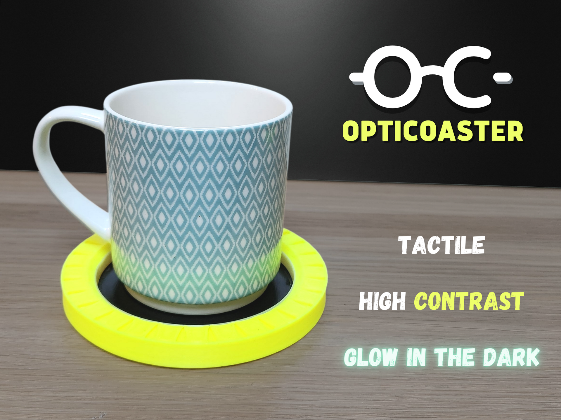 Opticoaster with a blue mug placed on top with features written at the side