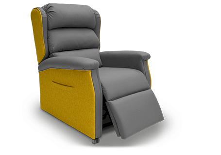 Symphony chair in grey and yellow colours with foot rest extended.