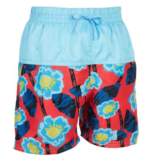Kes-Vir toddler boys' incontinence board shorts with coral floral legs and a pale blue waistband