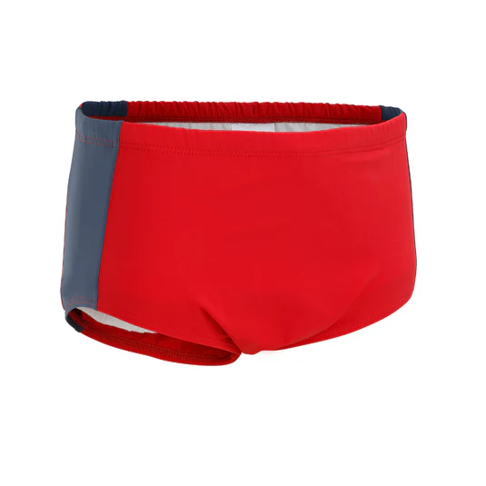 Kes-Vir toddler boys' red swim trunks with slate grey side panels and built-in incontinence protection