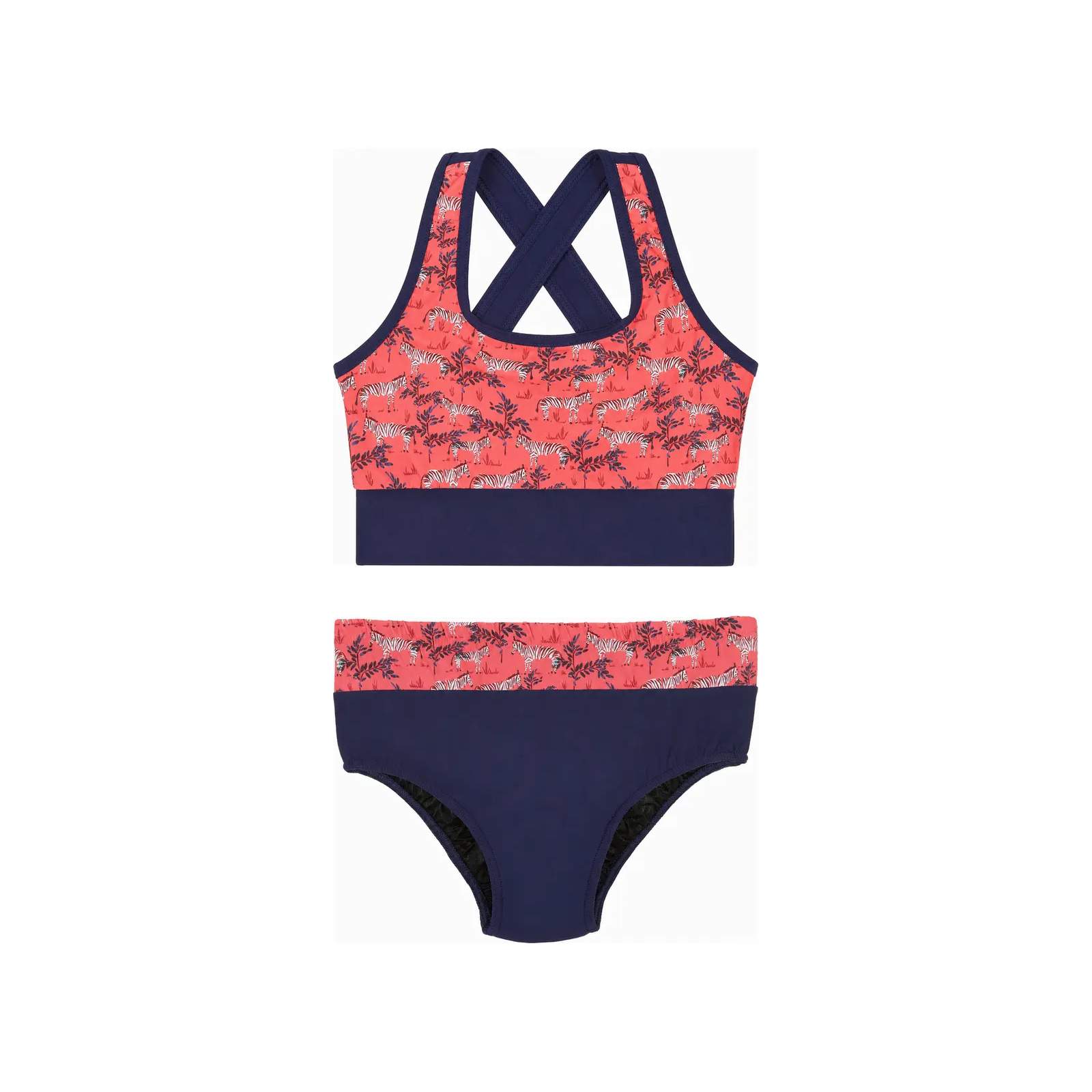 Kes-Vir girls’ Zebra crop swim top with navy incontinence bikini briefs